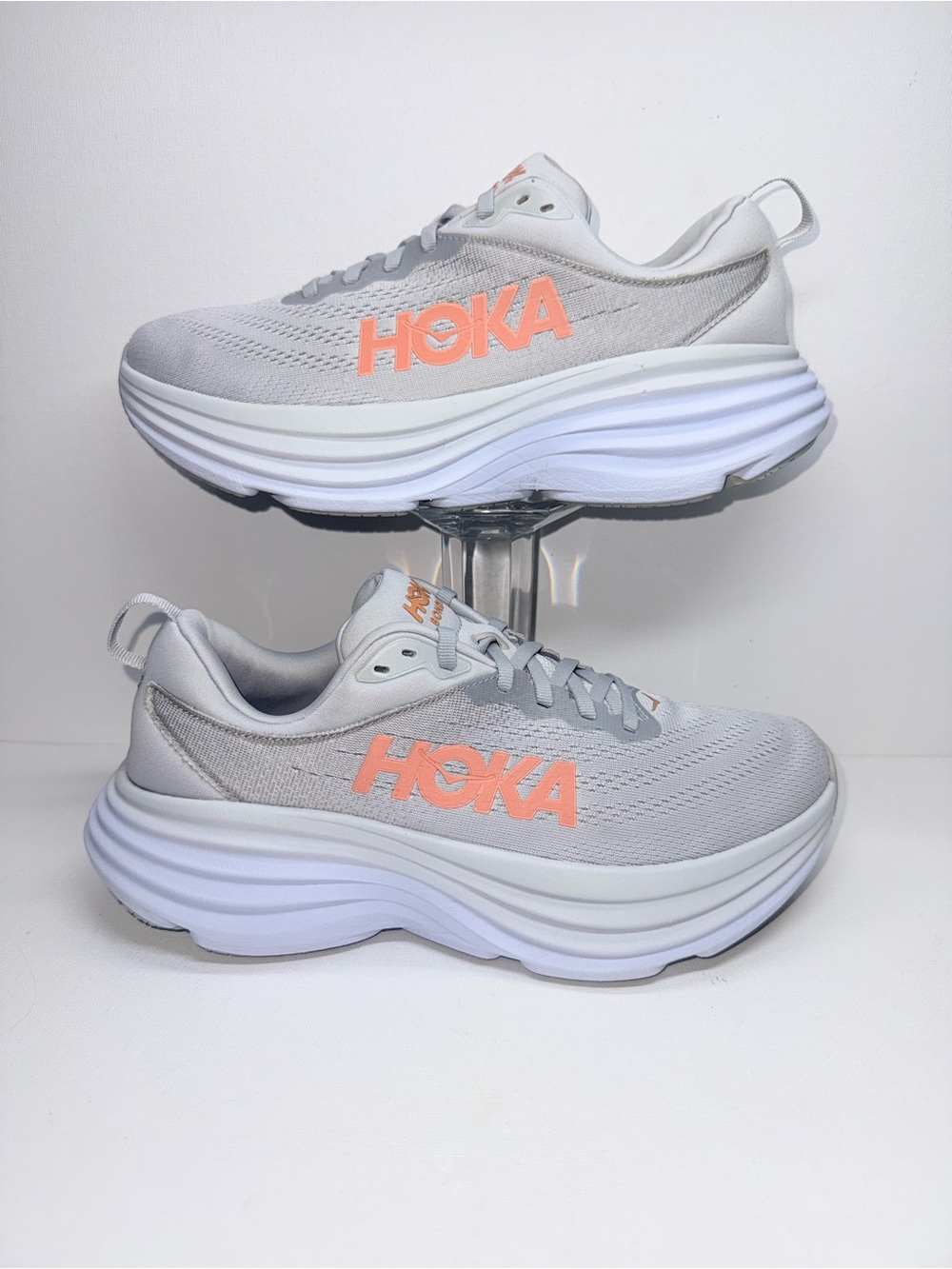 HOKA BONDI 8 Light Gray and Peach Logo Running Sneakers